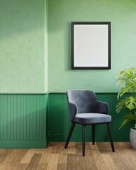 Poster frame mock up in living room interior background with armchair and green wall, 3d illustration.