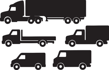 Black Silhouette Truck Vector Set with Trailer, Flatbed, Box Trucks