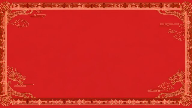 A traditional chinese ornamental border decorates a rectangular template with intricate golden dragon patterns, rendered in a flat vector style using a vibrant red and gold palette for lunar new year