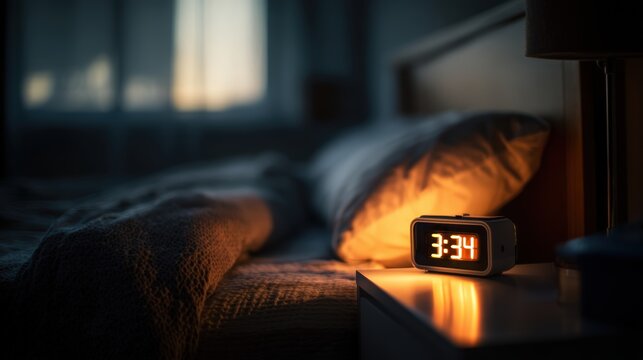 Early morning alarm clock digits glowing at 3 am next to pillow on quiet bed surface with unfocused room creating mood of worry and sleepless thought patterns for stress and sleep disorder concept.