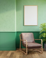 Vertical frame mock up in living room interior with armchair, 3d rendering