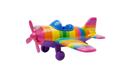Vibrant toy airplane with rainbow colors and propeller flying in a white environment