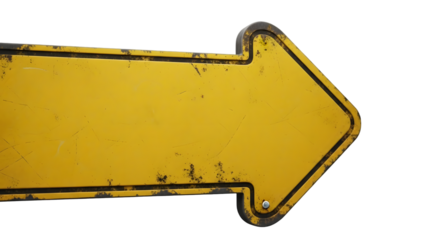 A worn yellow directional sign pointing right against a white background