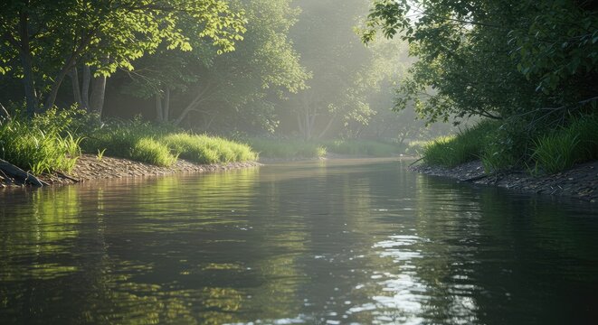 Serene river flowing through a lush forest at dawn - Powered by Adobe