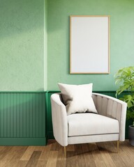 Vertical frame mock up in living room interior with armchair, 3d rendering