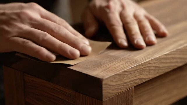 Hands sanding wood furniture close up