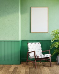 Vertical frame mock up in living room interior with armchair, 3d rendering