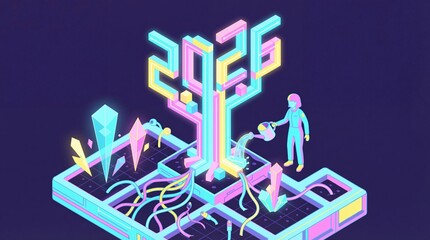 Futuristic person nurturing glowing crystal tree in neon lit digital landscape