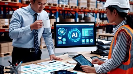 Professionals collaborate using AI-powered logistics software and data analytics dashboard to optimize inventory, manage supply chain, and enhance warehouse efficiency. - Powered by Adobe