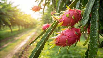Close up of dragon fruit on tree with sunlight in the background at farm