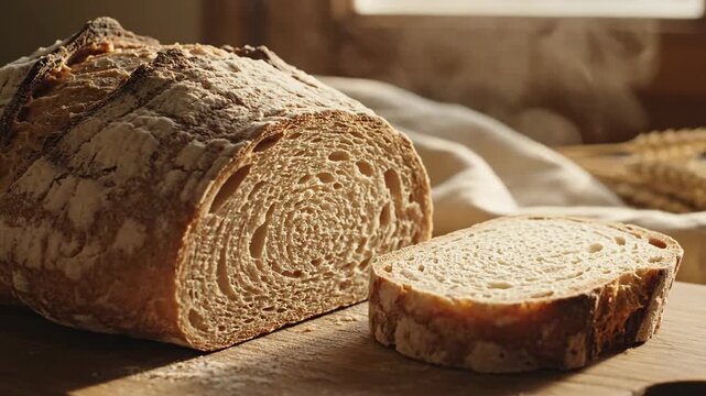 Freshly baked artisan bread with detailed texture and warm lighting