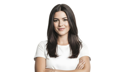 A young woman with long dark hair smiling confidently with her arms crossed against a plain white background