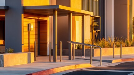 Sunlit modern building entrance with warm orange tones, ramp, glass doors, and architectural shadows. sunlight