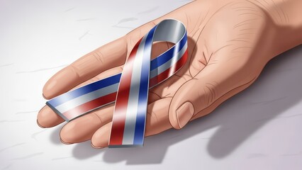 Hand holding a red white and blue ribbon symbolizing support and patriotism.