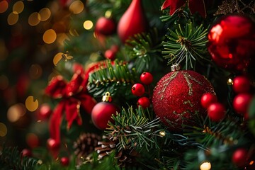 Classic Elegant Christmas Greeting Card with Traditional Green Tree and Red Gold Decorations