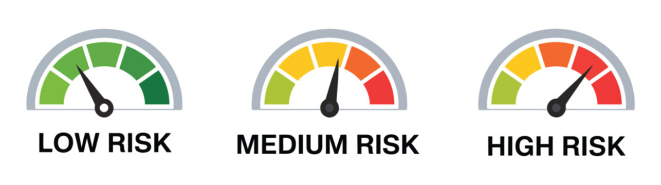 Risk meter icon vector illustration, speedometer scale showing low medium and high risk levels from minimum to maximum concept.