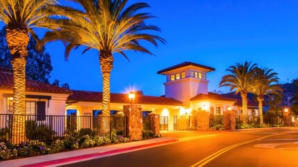 Obraz premium Evening street scene with warm lighting palm trees, stone arches, and low buildings along a calm road at dusk