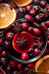 Mulled wine. The rich, red liquid with slices or whole oranges and cranberries floating within it. The background is filled with spiced sticks like star anise 