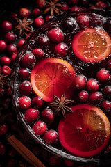 Mulled wine. The rich, red liquid with slices or whole oranges and cranberries floating within it. The background is filled with spiced sticks like star anise 