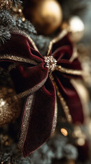 A close-up of a velvet bow on a christmas tree