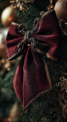A close-up of a velvet bow on a christmas tree