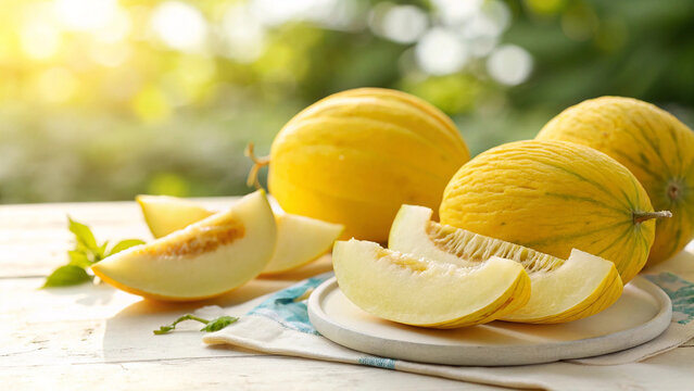 Delicious honeydew melon with slices and mint on a white wooden table outdoors