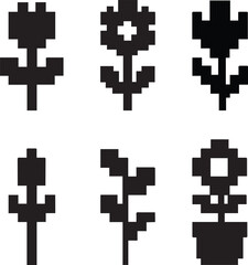 pixel art flower icon set black silhouette retro pixelated vector illustration