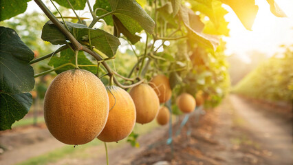 Cantaloupe melons growing in greenhouse with sunlight, agriculture and farming concept