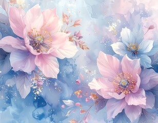 Watercolor floral art with pastel blooms and a soft blue backdrop