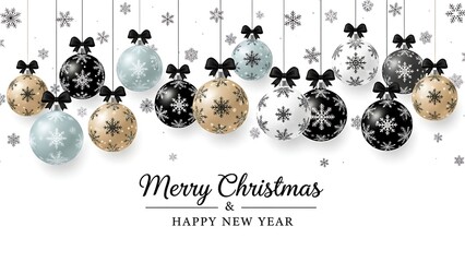 Elegant collection of hanging Christmas ornaments featuring black white gold and pale blue variations adorned with intricate snowflake patterns and black bows set against a clean white background read