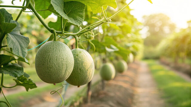 Cantaloupe melons hanging on tree in field, fresh organic cantaloupe melons