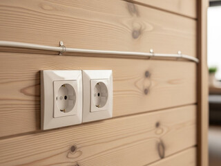 Modern white electrical outlets on wooden wall with cable management