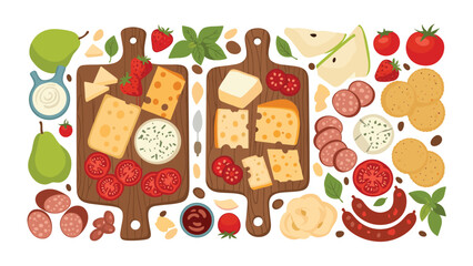 Top-down view of two wooden charcuterie boards with an assortment of cheeses, sausages, fruits, and crackers for a gourmet snack.