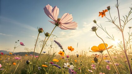 Obraz premium Close-up of vibrant wildflowers blooming in a sun-drenched meadow during golden hour, soft focus