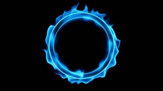 Blue flame ring hovering in mid-air with smooth circular motion and glowing edges, isolated on pure black, 4k.