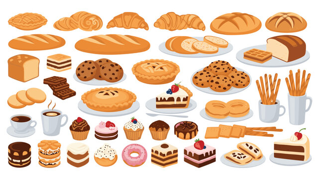 A large and delicious collection of various bakery items, pastries, and desserts, including bread, cakes, cookies, and croissants.