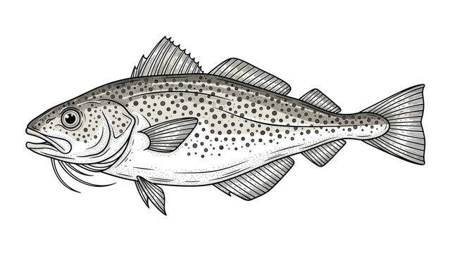 A detailed and realistic hand-drawn illustration of an Atlantic cod fish, in a vintage black and white engraving style.