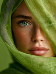 Close-Up Beauty Portrait with Green Eyes and Sheer Green Fabric Wrap