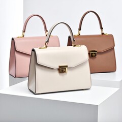 Three elegant, structured handbags in muted tones