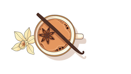Top-down view of a warm cup of masala chai tea, garnished with a star anise and a vanilla bean, on a white background.