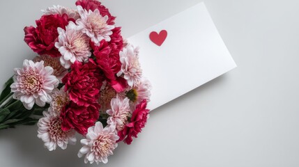 A floral bouquet of pink & red blooms lies beside a blank card with a red heart, all on a light, neutral surface