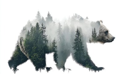 Silhouette of a walking mammal filled with dense woodland scenery and atmospheric fog