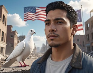 Portrait of a man with a white dove, against a backdrop of a dilapidated cityscape and the American flag