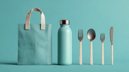 Eco-friendly lunch setup on a teal background. Includes a reusable bag, bottle, fork, spoon, knife, and another fork