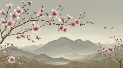 Delicate pink blossoms adorn tree branches overlooking a misty, layered mountain landscape under a pale sky