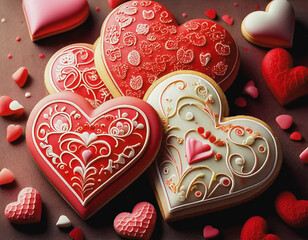 Decorated Red and White Heart Shaped Cookies