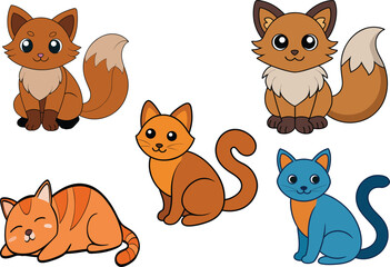 Set of funny cartoon animals with cute fox and other playful animal characters in vector style.
