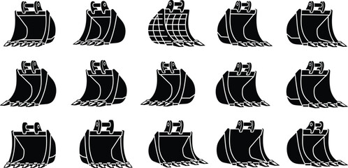 Black excavator bucket silhouettes set with various heavy machinery digging attachments isolated on white background for construction and industrial design © MdAnowarHossain