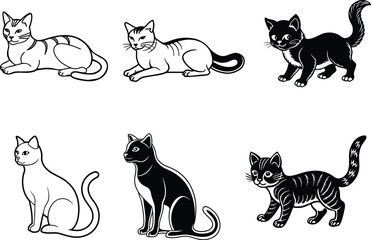 Cute vector set of black and black and white cats in cartoon silhouette style.