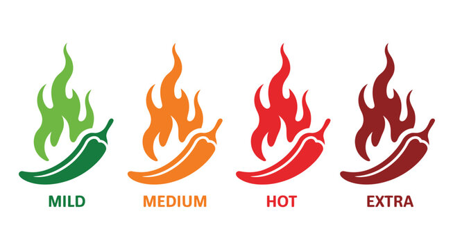 Pepper heat level intensity scale illustration, showing mild to extra spicy chili strength comparison and Scoville concept.
